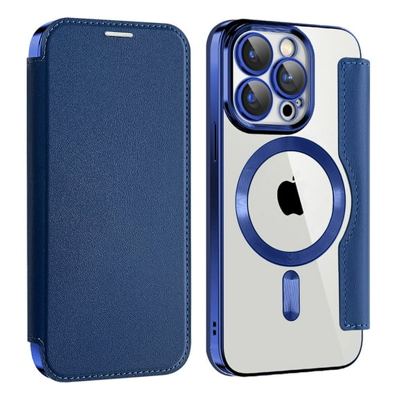 Flip Magnetic Case for Apple iPhone 12 Pro, Compatible with Magsafe Cards Holder Wallet Case RFID Blocking Clear Back Cover Anti-Scratch Folio Shockproof Bisiness Type Case for Women, Darkblue