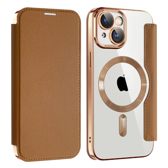 Flip Magnetic Case for Apple iPhone 13, Compatible with Magsafe Cards Holder Wallet Case RFID Blocking Clear Back Cover Anti-Scratch Folio Shockproof Bisiness Type Case for Women, Brown