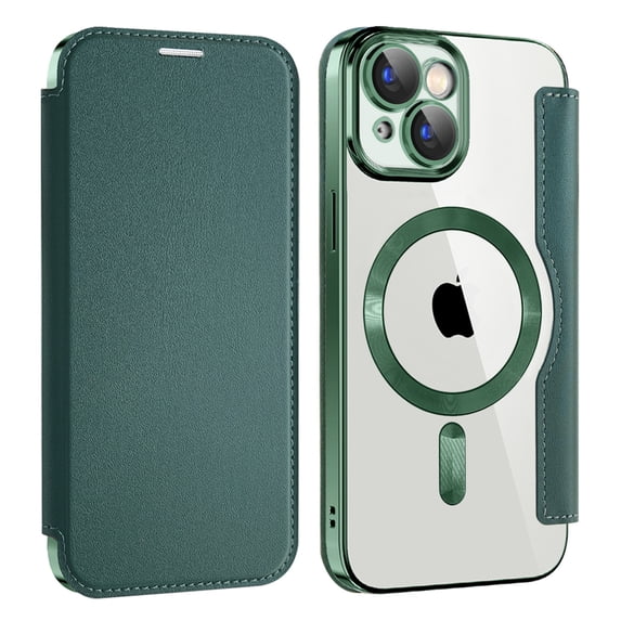 Flip Magnetic Case for Apple iPhone 15, Compatible with Magsafe Cards Holder Wallet Case RFID Blocking Clear Back Cover Anti-Scratch Folio Shockproof Bisiness Type Case for Women, Darkgreen