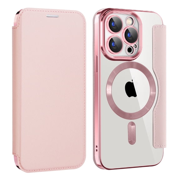 Flip Magnetic Case for Apple iPhone 16 Plus, Compatible with Magsafe Cards Holder Wallet Case RFID Blocking Clear Back Cover Anti-Scratch Folio Shockproof Bisiness Type Case for Women, Pink
