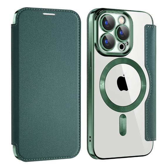 Flip Magnetic Case for Apple iPhone 16 Plus, Compatible with Magsafe Cards Holder Wallet Case RFID Blocking Clear Back Cover Anti-Scratch Folio Shockproof Bisiness Type Case for Women, Darkgreen