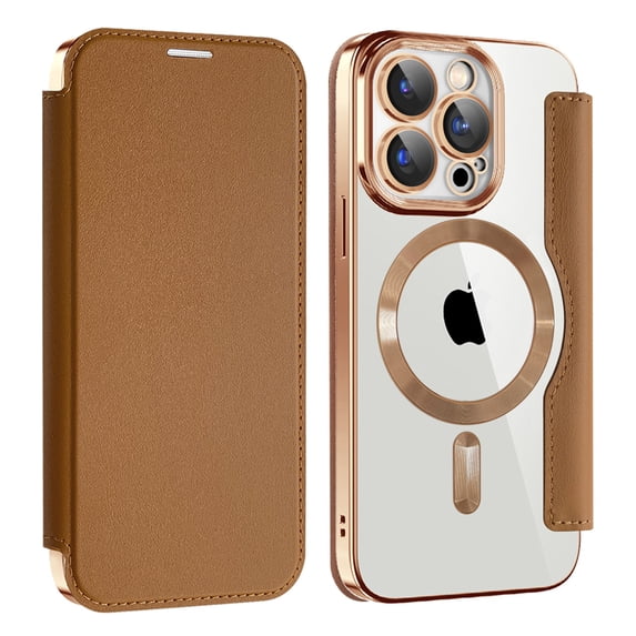 Flip Magnetic Case for Apple iPhone 16 Plus, Compatible with Magsafe Cards Holder Wallet Case RFID Blocking Clear Back Cover Anti-Scratch Folio Shockproof Bisiness Type Case for Women, Brown