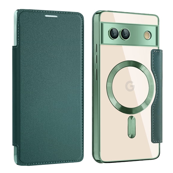 Flip Magnetic Case for Google Pixel 9, Compatible with Magsafe Cards Holder Wallet Case RFID Blocking Clear Back Cover Anti-Scratch Folio Shockproof Bisiness Type Case for Women,Darkgreen