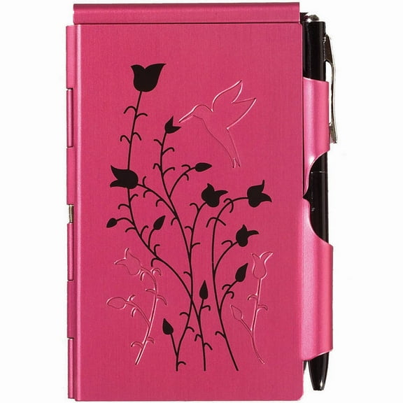 Metal Flip Note Case With Pen & 3 Pack Refill, Raspberry Hummingbird