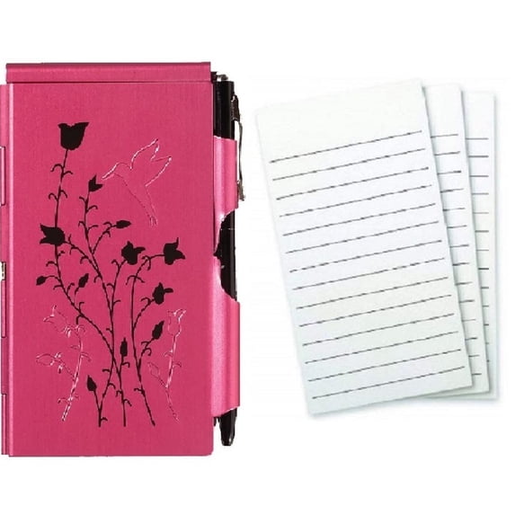 Metal Flip Note Case With Pen & 3 Pack Refill, Raspberry Hummingbird