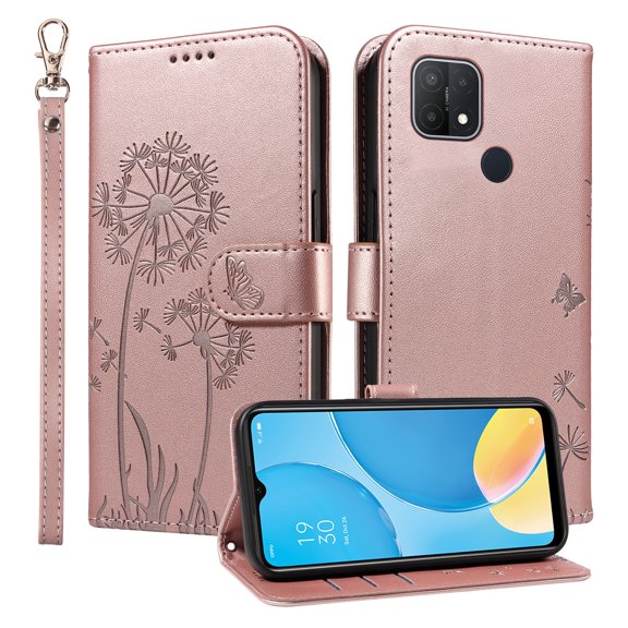 Flip Phone Case for OPPO A15s, Kickstand and 3 Card Slots, Shockproof and Scratch Resistant, Rose Gold