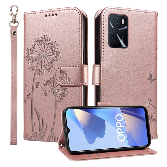 Flip Phone Case for OPPO A16s 4G, Kickstand and 3 Card Slots, Shockproof and Scratch Resistant, Rose Gold