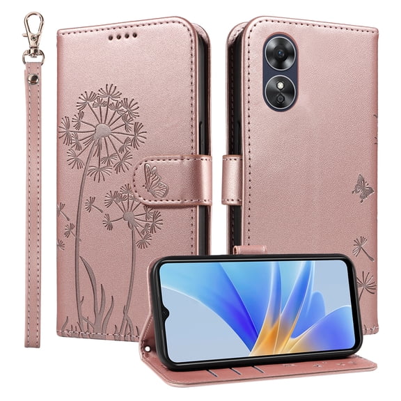 Flip Phone Case for OPPO A17k, Kickstand and 3 Card Slots, Shockproof and Scratch Resistant, Rose Gold