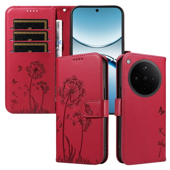 Flip Phone Case for OPPO Find X8 5G, Kickstand and 3 Card Slots, Shockproof and Scratch Resistant, Red