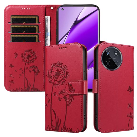 Flip Phone Case for OPPO Realme 11 4G, Kickstand and 3 Card Slots, Shockproof and Scratch Resistant, Red