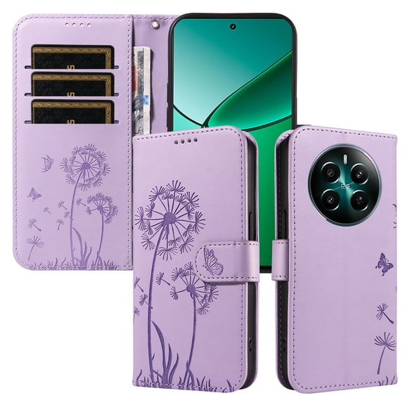 Flip Phone Case for OPPO Realme 12 4G, Kickstand and 3 Card Slots, Shockproof and Scratch Resistant, Purple