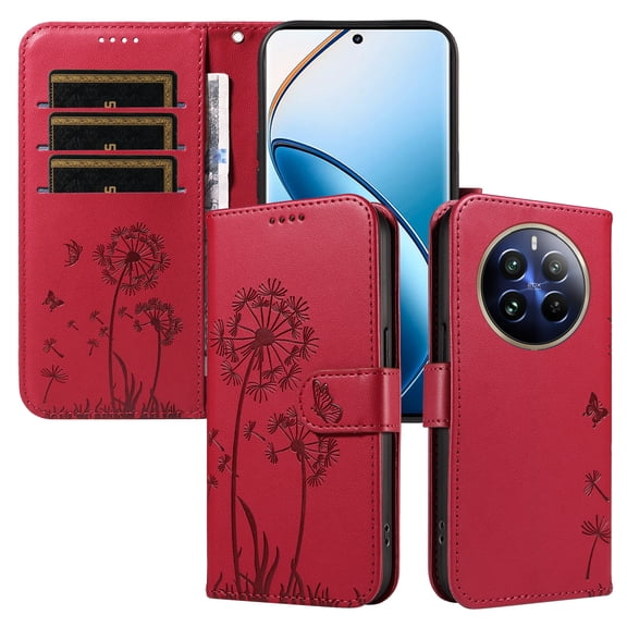 Flip Phone Case for OPPO Realme 12 Pro 5G, Kickstand and 3 Card Slots, Shockproof and Scratch Resistant, Red