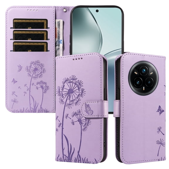 Flip Phone Case for OPPO Realme 14 Pro Plus 5G, Kickstand and 3 Card Slots, Shockproof and Scratch Resistant, Purple