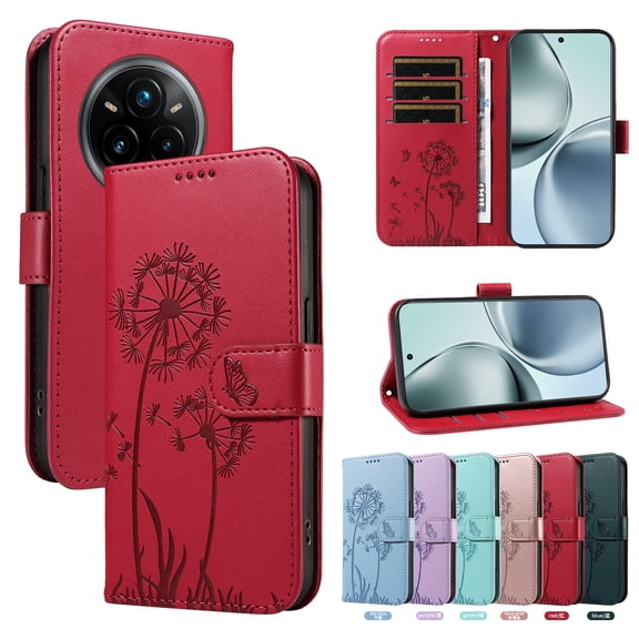 Flip Phone Case for OPPO Realme 14 Pro Plus 5G, Kickstand and 3 Card Slots, Shockproof and Scratch Resistant, Red