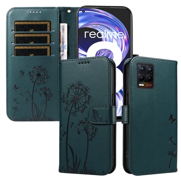 Flip Phone Case for OPPO Realme 8 Pro, Kickstand and 3 Card Slots, Shockproof and Scratch Resistant, Blue