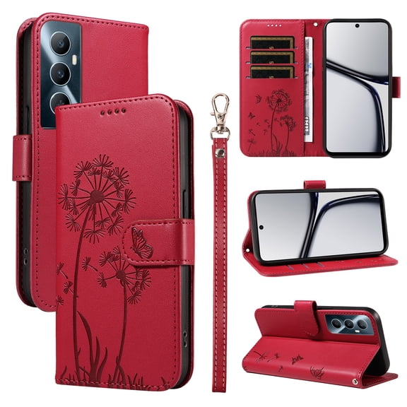 Flip Phone Case for OPPO Realme C65 4G, Kickstand and 3 Card Slots, Shockproof and Scratch Resistant, Red