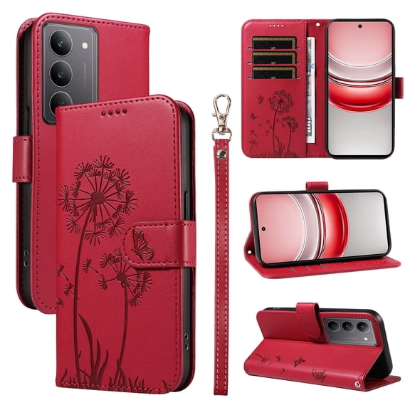 Flip Phone Case for OPPO Realme Note 70, Kickstand and 3 Card Slots, Shockproof and Scratch Resistant, Red