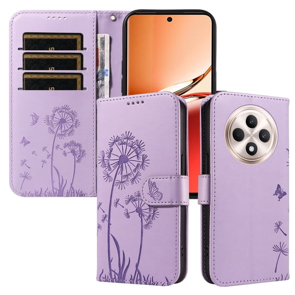Flip Phone Case for OPPO Reno12 F 4G, Kickstand and 3 Card Slots, Shockproof and Scratch Resistant, Purple