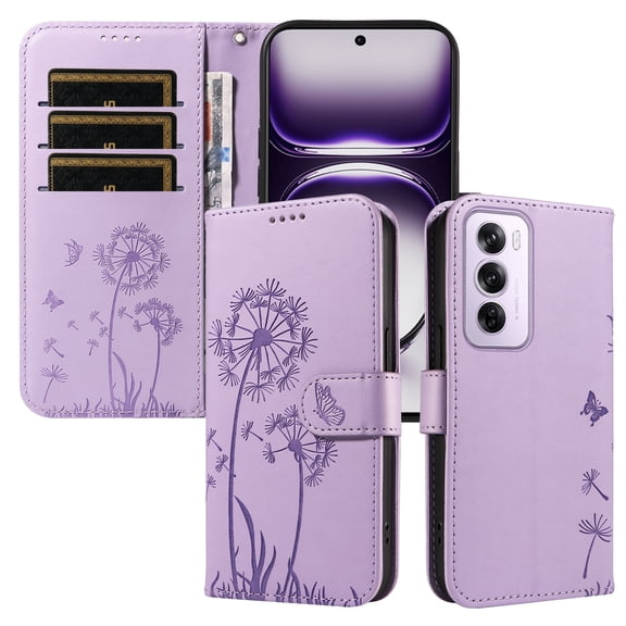Flip Phone Case for OPPO Reno12 Pro 5G, Kickstand and 3 Card Slots, Shockproof and Scratch Resistant, Purple