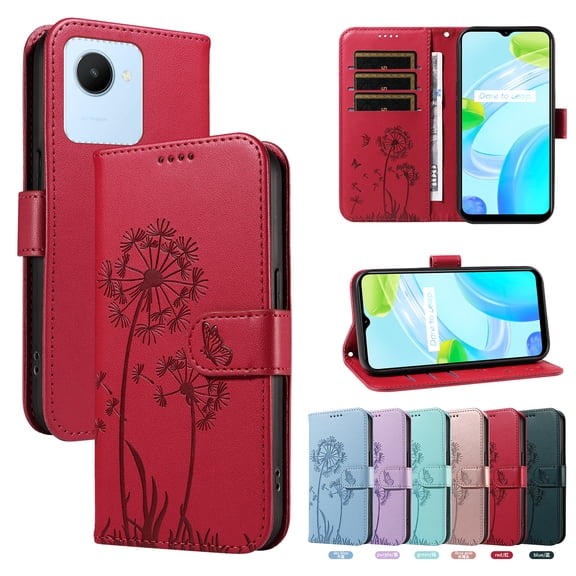 Flip Phone Case for Realme C30, Kickstand and 3 Card Slots, Shockproof and Scratch Resistant, Red