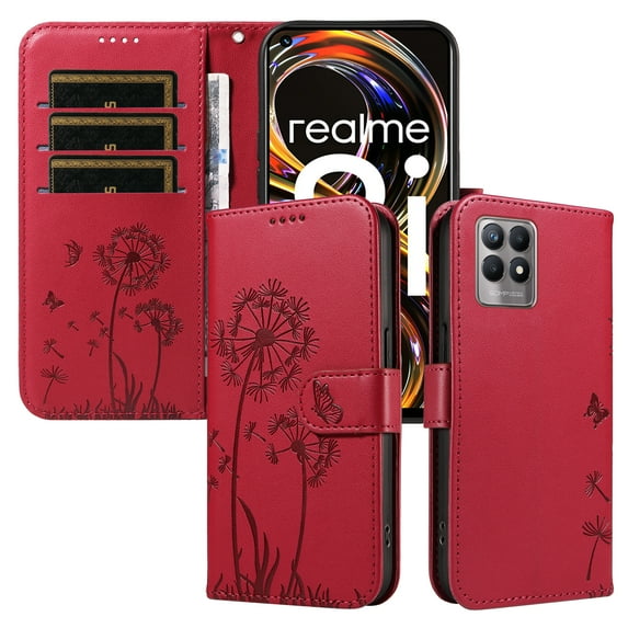Flip Phone Case for Realme Narzo 50 4G, Kickstand and 3 Card Slots, Shockproof and Scratch Resistant, Red