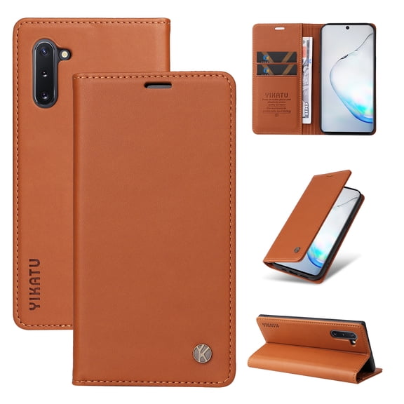 Flip Phone Case for Samsung Galaxy Note 10, Kickstand and 2 Card Slots, Shockproof and Scratch Resistant, Brown