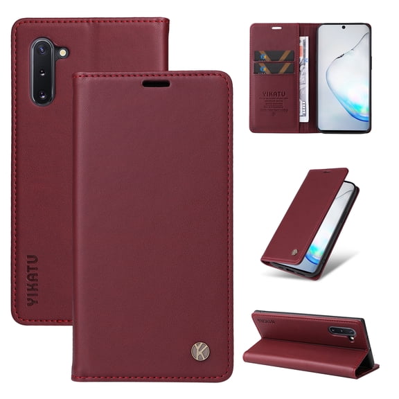 Flip Phone Case for Samsung Galaxy Note 10, Kickstand and 2 Card Slots, Shockproof and Scratch Resistant, Red