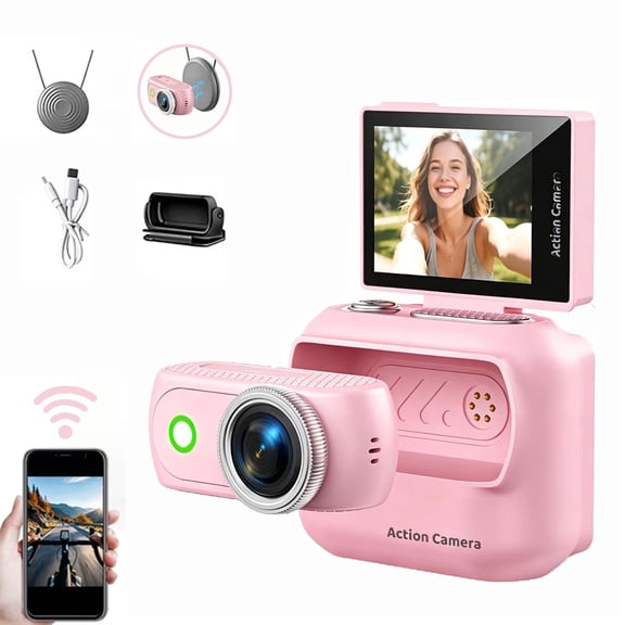 Flip Screen 1080P Magnetic Detachable Action Camera, 2in Touch Screen 48MP Wireless Vlog Camera for Cycling & Outdoor Recording(Pink)