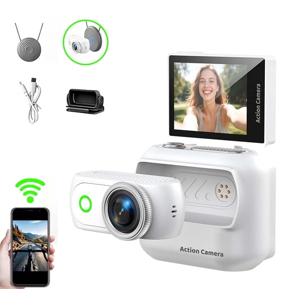 Flip Screen 1080P Magnetic Detachable Action Camera, 2in Touch Screen 48MP Wireless Vlog Camera for Cycling & Outdoor Recording(White)