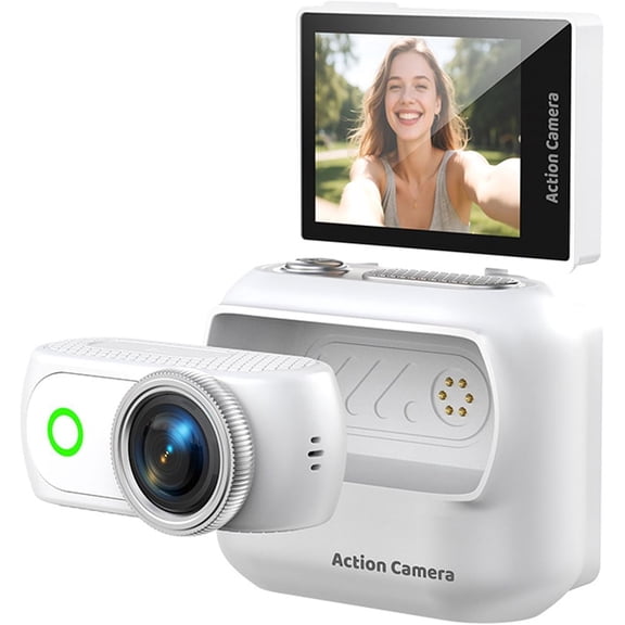 Flip Screen Action Camera 4K Magnetic Detachable Camera Wireless Magnetic Action Detachable with 2in Touch Screen 48MP 4K Video for Vlogging Cycling (White)
