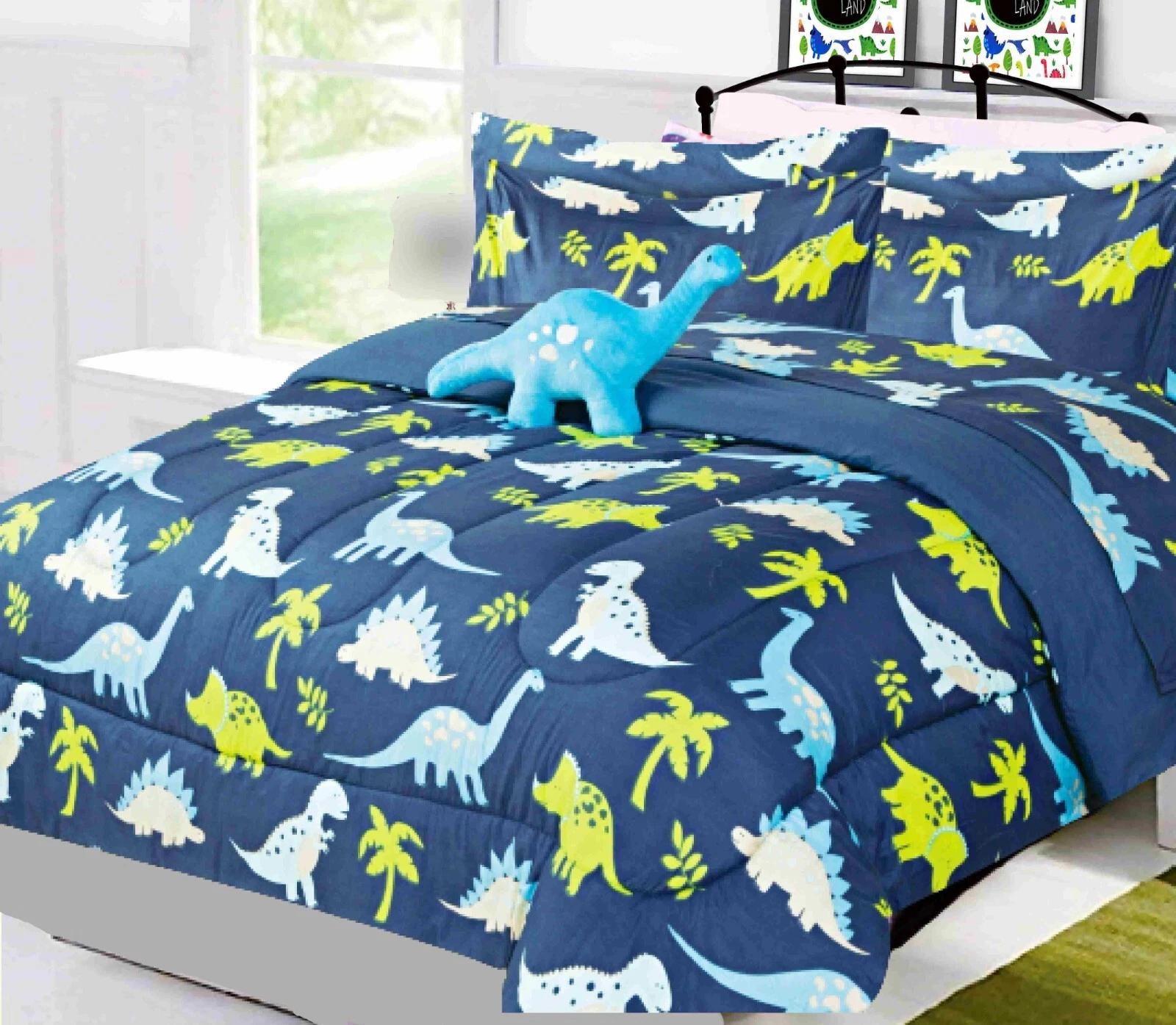 Flip & Snuggle Reversible 8Piece Full Size Dinosaur Blue Bedding