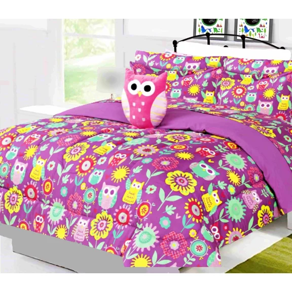 Flip & Snuggle Reversible 8-Piece Full Size Owl Purple Bedding Set with Plush Toy & Matching Sheets
