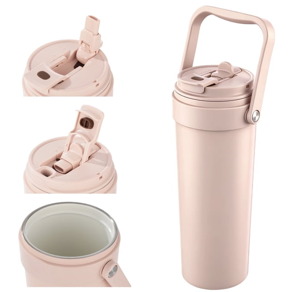 Flip Straw Tumbler with Handle 30 oz, Ceramic Coated Stainless Steel Insulated Water Bottle with Twist On Lid, Leakproof Travel Mug with Wide Mouth & Carry Handle for Hot Cold Drinks