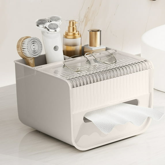 Flip Tissue Box and Desktop Storage Organizer, Clear Plastic Design with Dust Proof Lid, Easy Pull Tissue Access, Non-Slip Base for Office and Home Use