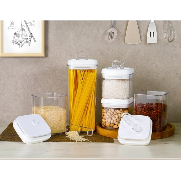 Flip Tite Food Storage Container 5pk Set with No Label, Airtight Lid, Stackable Plastic Canister for Pantry Kitchen Fridge