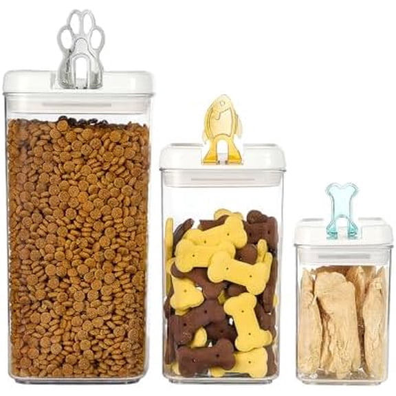 Flip Tite Pet Food Container with Airtight Lids, BPA FREE Acrylic Canister with Paw Bone Fish Flip Top Handles for Cat Dog Kibble Treats Storage, Keep Fresh (Pet Collection Nest-L 3pk)