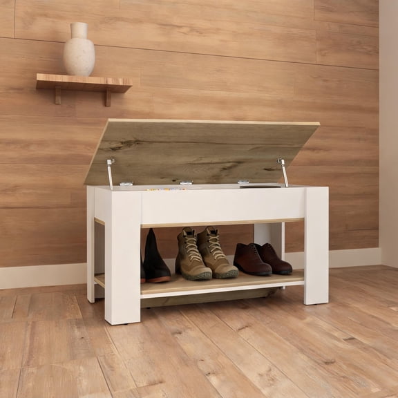Flip Top 2-Seat Storage Bench, Light Oak Particle Board With Lower Open Shelf For Indoor Entryway Seating and Storage