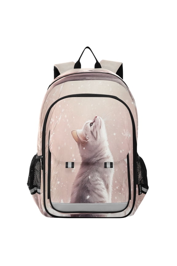 Flip-Top Backpack 17L Capacity Lightweight Bookpack Reflective Safety Strips & Adjustable Chest Strap A Cat in The Snow