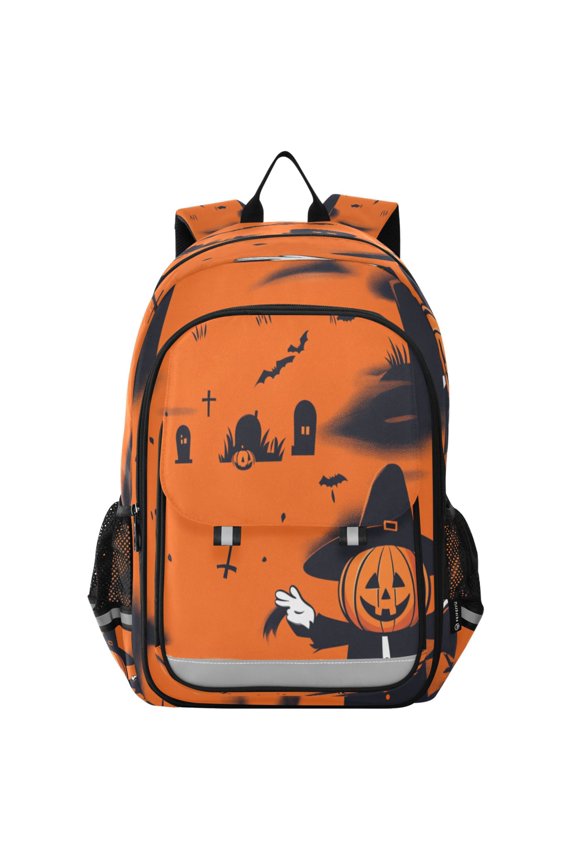Flip-Top Backpack 17L Capacity Lightweight Bookpack Reflective Safety Strips & Adjustable Chest Strap A Cute Pumpkin-headed Wizard