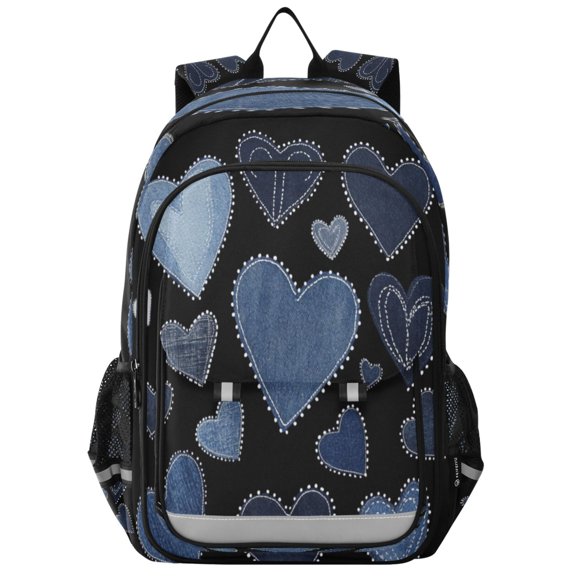Flip-Top Backpack 17L Capacity Lightweight Bookpack Reflective Safety Strips & Adjustable Chest Strap A Pattern Of Denim Hearts