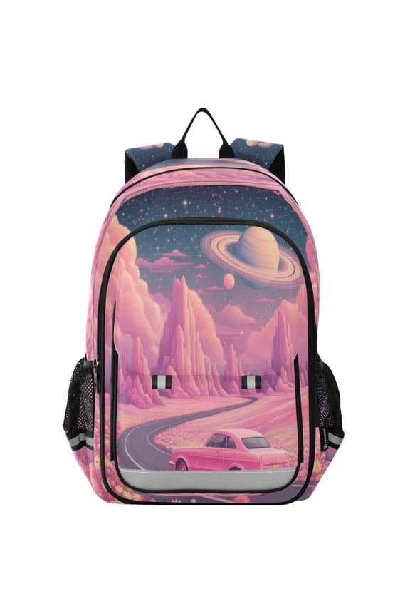 Flip-Top Backpack 17L Capacity Lightweight Bookpack Reflective Safety Strips & Adjustable Chest Strap A Pink Landscape