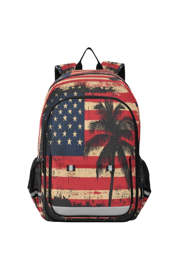 Flip-Top Backpack 17L Capacity Lightweight Bookpack Reflective Safety Strips & Adjustable Chest Strap American Flag with Palm Trees