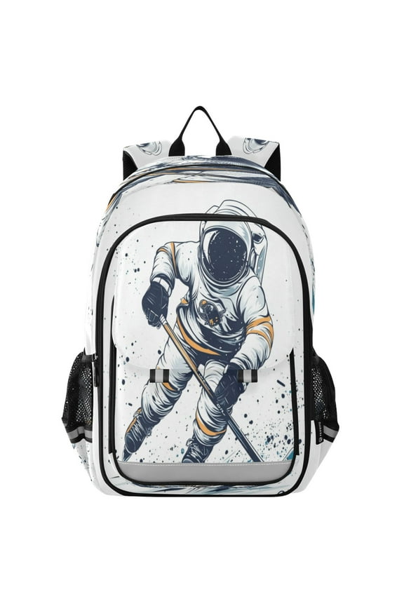Flip-Top Backpack 17L Capacity Lightweight Bookpack Reflective Safety Strips & Adjustable Chest Strap Astronaut Playing Hockey