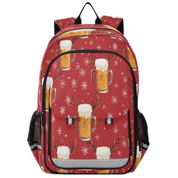 Flip-Top Backpack 17L Capacity Lightweight Bookpack Reflective Safety Strips & Adjustable Chest Strap Beer Mugs and Reindeer Antlers