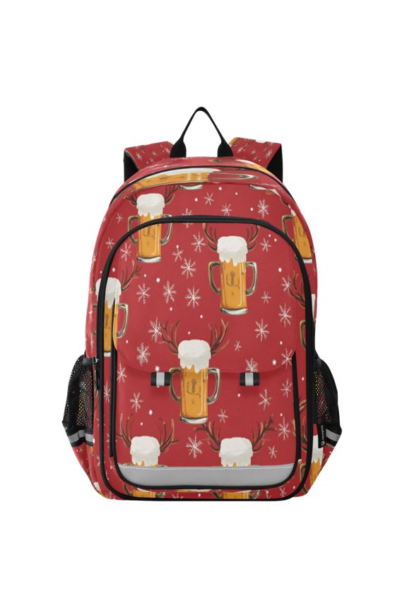 Flip-Top Backpack 17L Capacity Lightweight Bookpack Reflective Safety Strips & Adjustable Chest Strap Beer Mugs and Reindeer Antlers