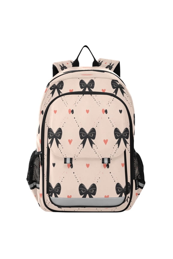 Flip-Top Backpack 17L Capacity Lightweight Bookpack Reflective Safety Strips & Adjustable Chest Strap Black Bows Pattern