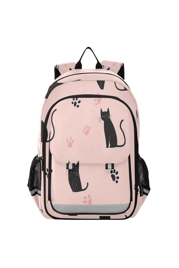 Flip-Top Backpack 17L Capacity Lightweight Bookpack Reflective Safety Strips & Adjustable Chest Strap Black Cat and Cat's Paw