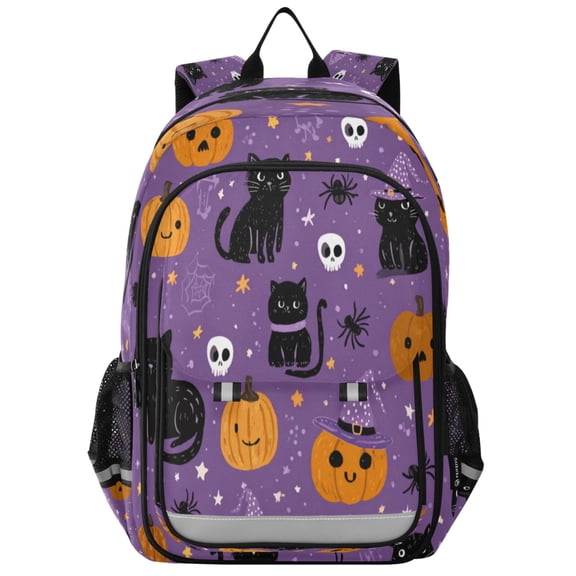 Flip-Top Backpack 17L Capacity Lightweight Bookpack Reflective Safety Strips & Adjustable Chest Strap Black Cat and Pumpkin