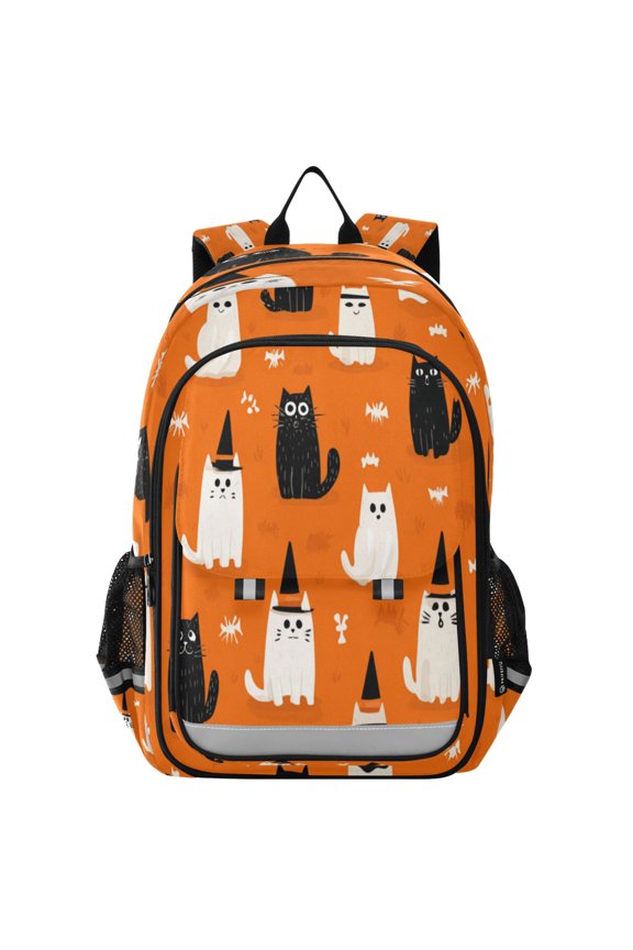 Flip-Top Backpack 17L Capacity Lightweight Bookpack Reflective Safety Strips & Adjustable Chest Strap Black Cat and White Cat