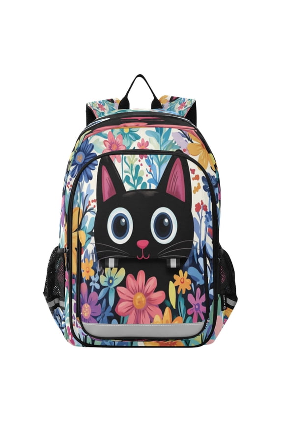 Flip-Top Backpack 17L Capacity Lightweight Bookpack Reflective Safety Strips & Adjustable Chest Strap Black Cat in The Flower